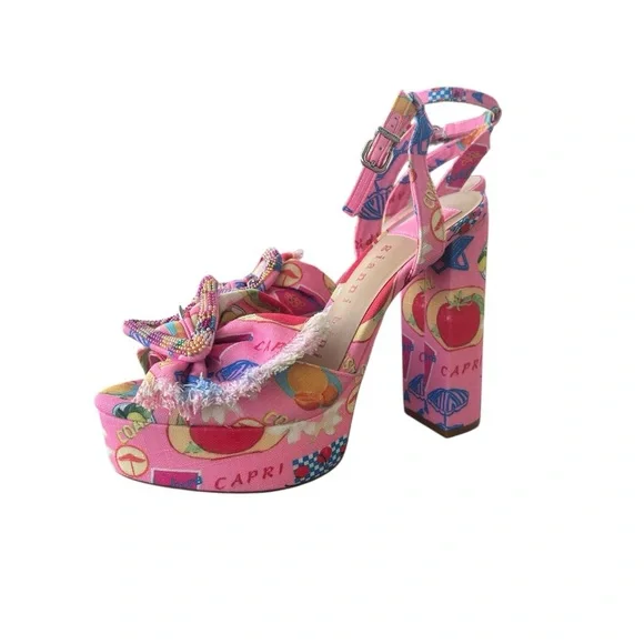 GIANNI BINI Pink Tobias Linen Mismatched Buckle Platform Sandals Heels 7.5 NEW - Picture 8 of 11